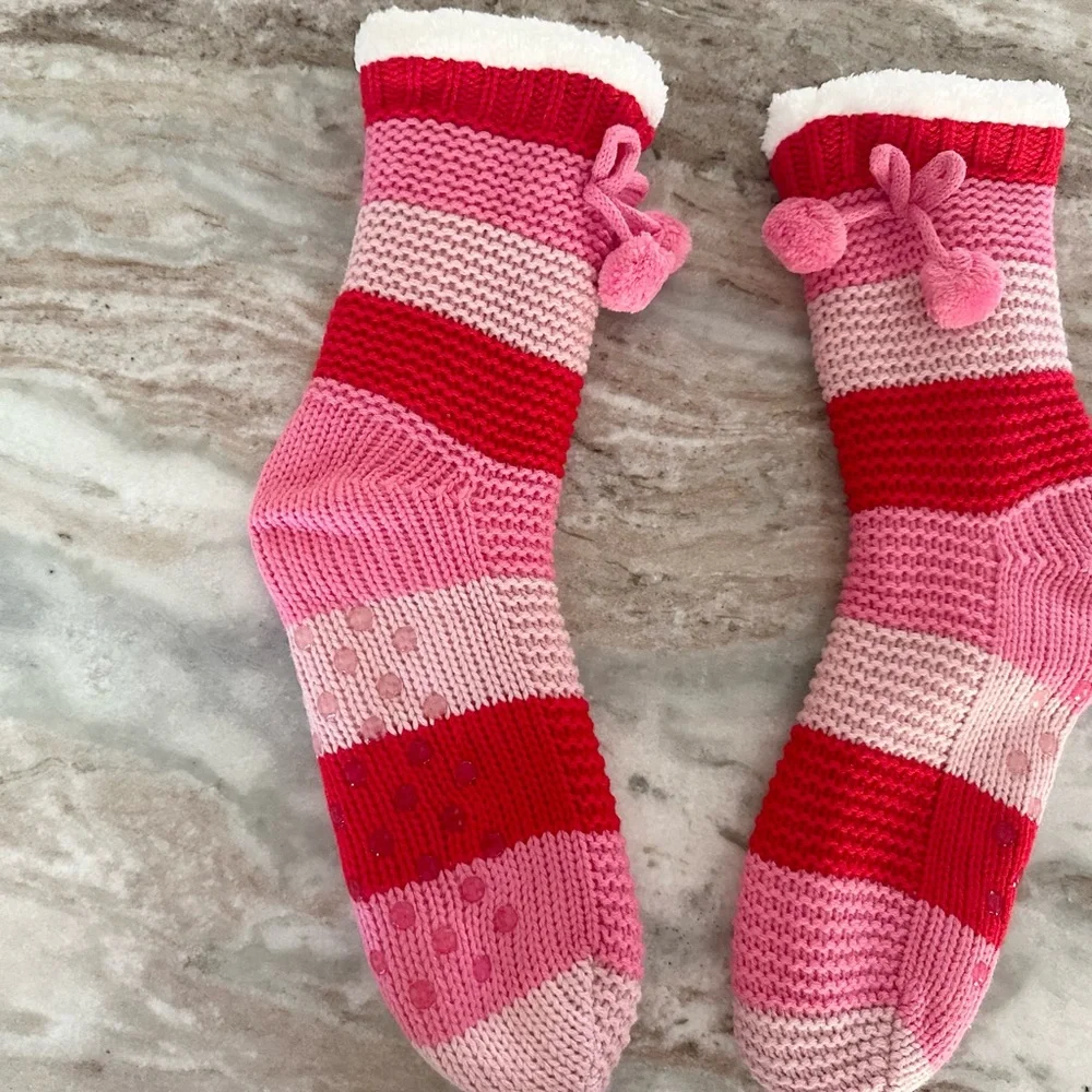 Sherpa Fleece Lined Striped Slipper Socks With Grippers & Pom Pom - Soft & Cozy